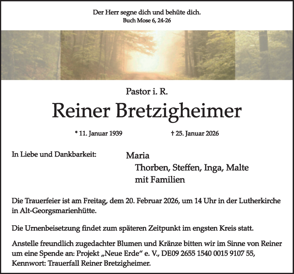  Traueranzeige für Reiner Bretzigheimer vom 31.01.2026 aus Neue Osnabrücker Zeitung GmbH & Co. KG