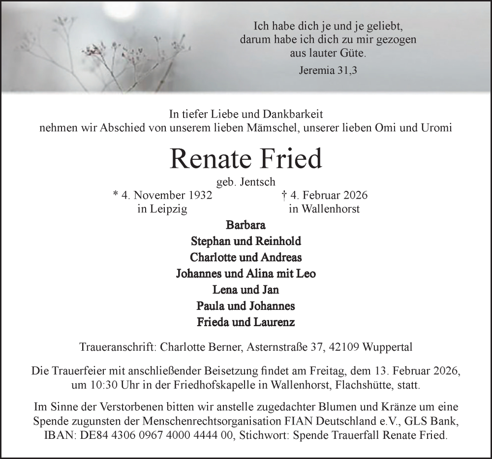  Traueranzeige für Renate Fried vom 07.02.2026 aus Neue Osnabrücker Zeitung GmbH & Co. KG