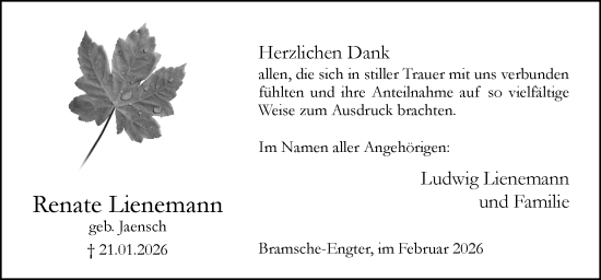 Traueranzeige von Renate Lienemann von Neue Osnabrücker Zeitung GmbH & Co. KG