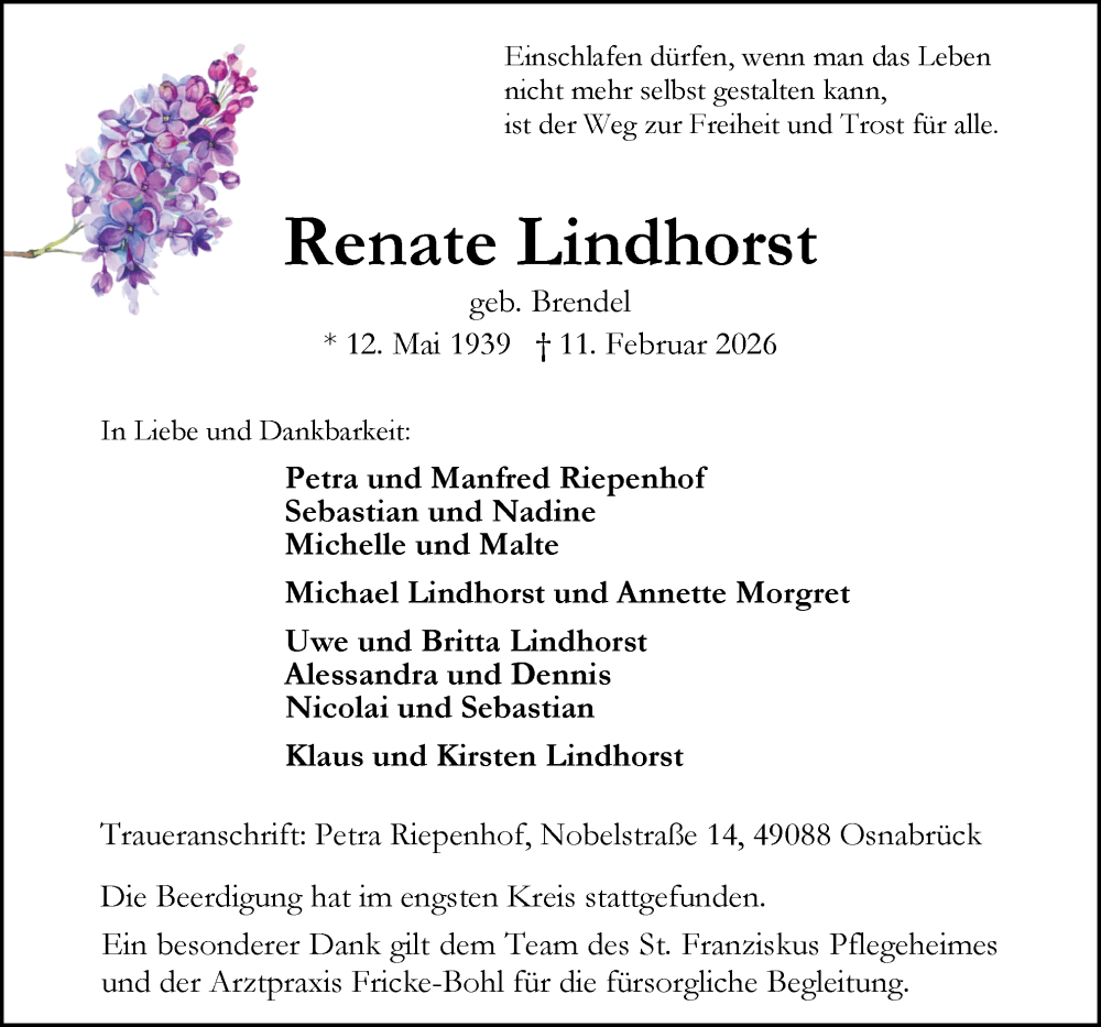  Traueranzeige für Renate Lindhorst vom 21.02.2026 aus Neue Osnabrücker Zeitung GmbH & Co. KG
