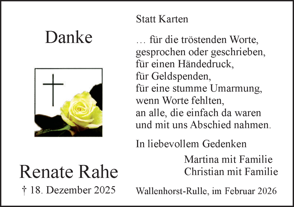  Traueranzeige für Renate Rahe vom 14.02.2026 aus Neue Osnabrücker Zeitung GmbH & Co. KG