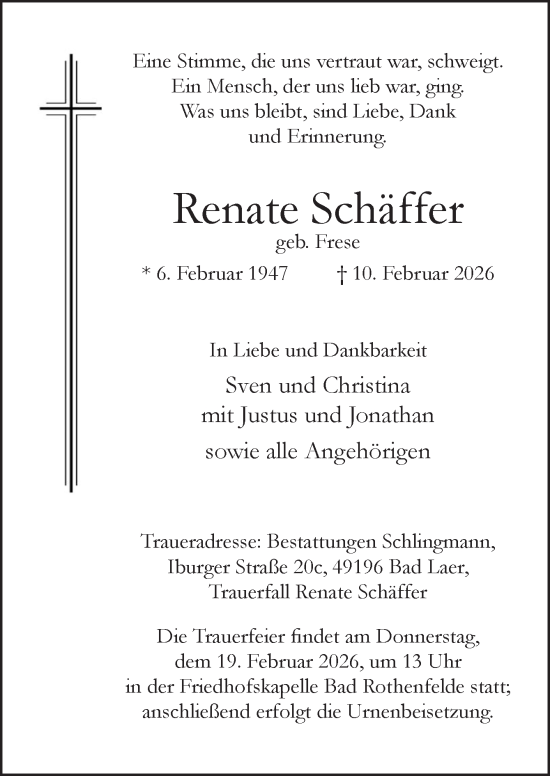 Traueranzeige von Renate Schäffer von Neue Osnabrücker Zeitung GmbH & Co. KG