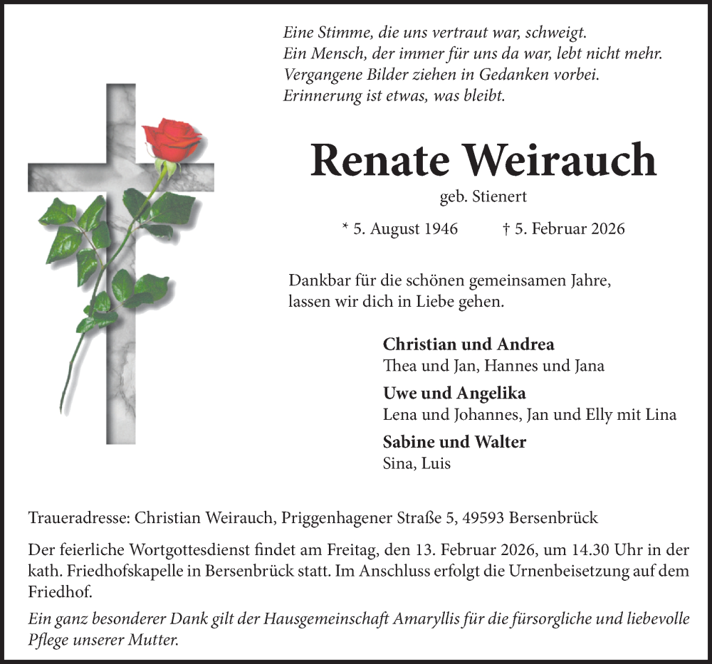  Traueranzeige für Renate Weirauch vom 09.02.2026 aus Neue Osnabrücker Zeitung GmbH & Co. KG