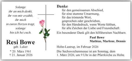 Traueranzeige von Resi Bowe von Neue Osnabrücker Zeitung GmbH & Co. KG