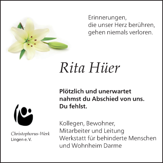 Traueranzeige von Rita Hüer von Neue Osnabrücker Zeitung GmbH & Co. KG