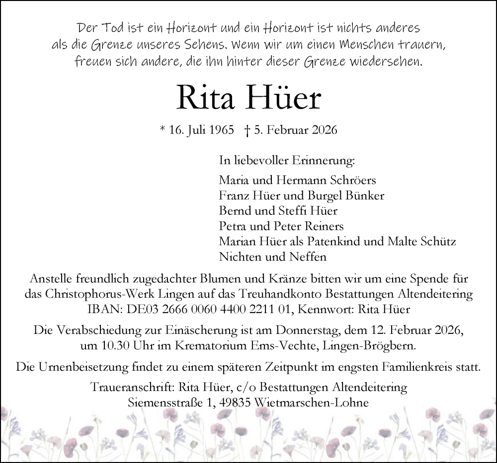  Traueranzeige für Rita Hüer vom 09.02.2026 aus Neue Osnabrücker Zeitung GmbH & Co. KG