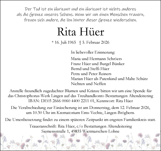 Traueranzeige von Rita Hüer von Neue Osnabrücker Zeitung GmbH & Co. KG