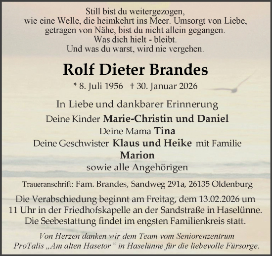 Traueranzeige von Rolf Dieter Brandes von Neue Osnabrücker Zeitung GmbH & Co. KG
