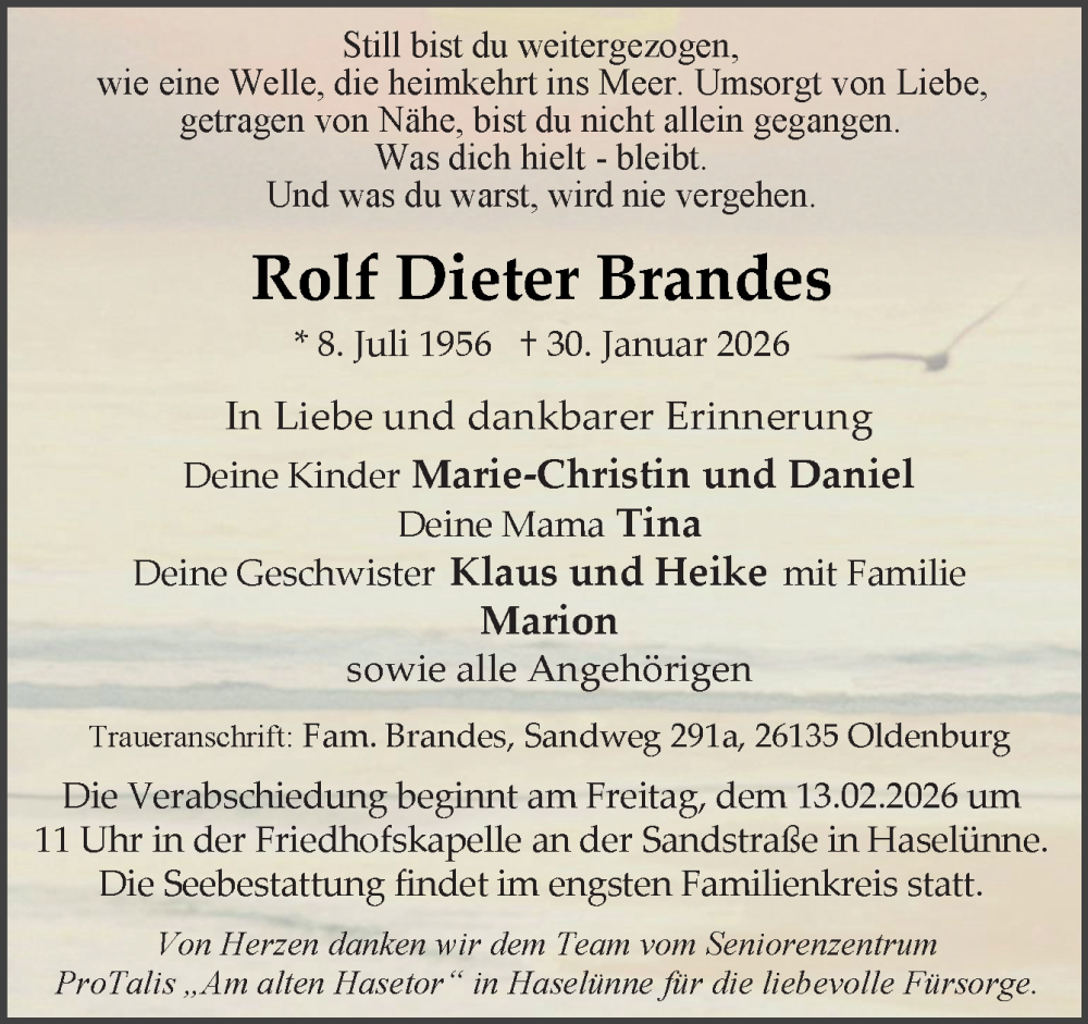  Traueranzeige für Rolf Dieter Brandes vom 04.02.2026 aus Neue Osnabrücker Zeitung GmbH & Co. KG