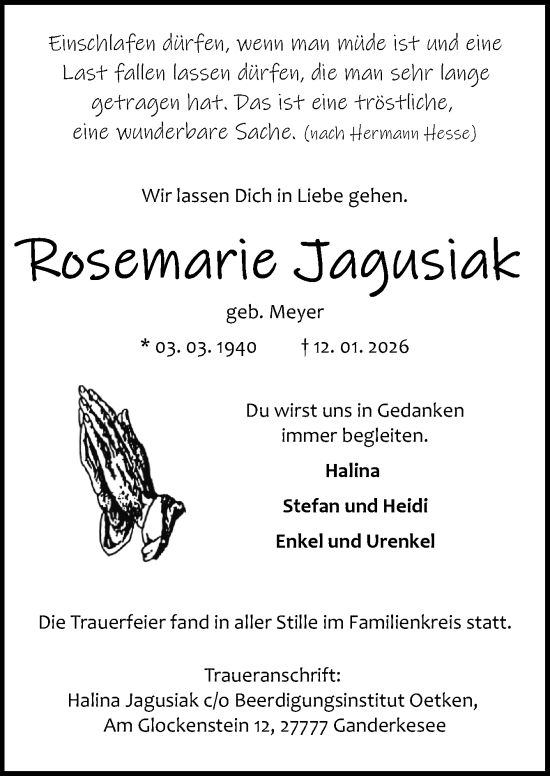 Traueranzeige von Rosemarie Jagusiak von DK Medien GmbH & Co. KG