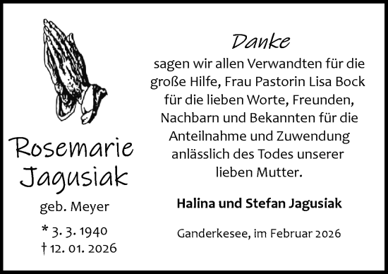 Traueranzeige von Rosemarie Jagusiak von DK Medien GmbH & Co. KG