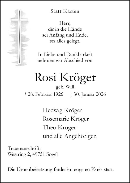 Traueranzeige von Rosi Kröger von Neue Osnabrücker Zeitung GmbH & Co. KG