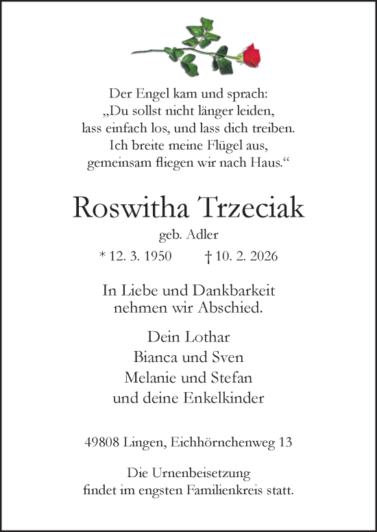 Traueranzeige von Roswitha Trzeciak von Neue Osnabrücker Zeitung GmbH & Co. KG