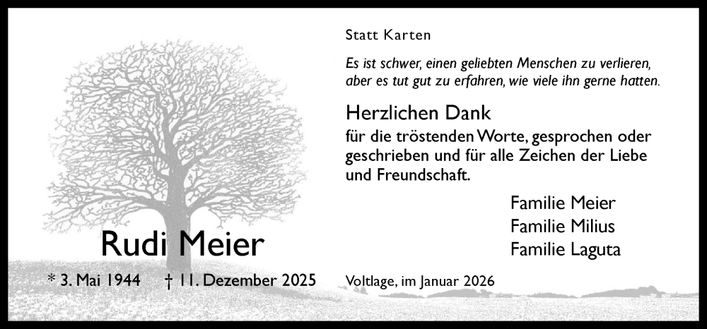  Traueranzeige für Rudi Meier vom 31.01.2026 aus Neue Osnabrücker Zeitung GmbH & Co. KG
