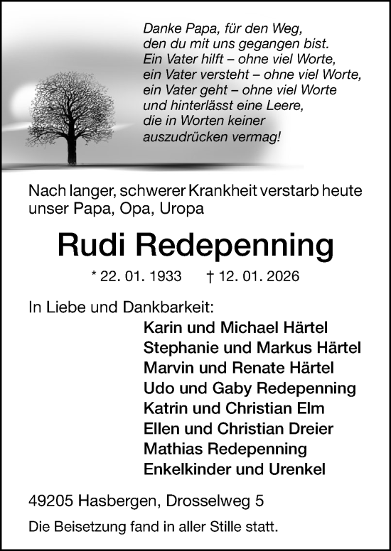 Traueranzeige von Rudi Redepenning von Neue Osnabrücker Zeitung GmbH & Co. KG