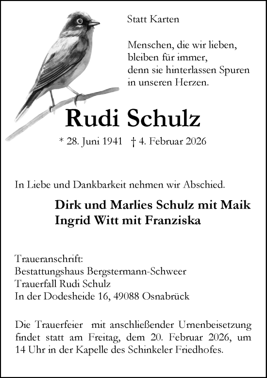 Traueranzeige von Rudi Schulz von Neue Osnabrücker Zeitung GmbH & Co. KG