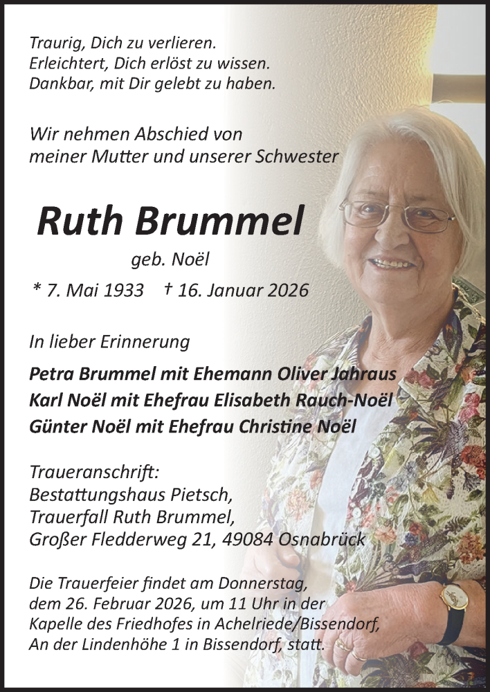  Traueranzeige für Ruth Brummel vom 07.02.2026 aus Neue Osnabrücker Zeitung GmbH & Co. KG