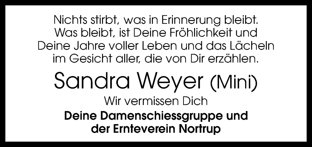  Traueranzeige für Sandra Weyer vom 14.02.2026 aus Neue Osnabrücker Zeitung GmbH & Co. KG