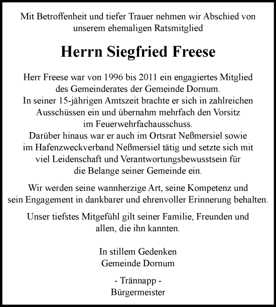 Traueranzeige von Siegfried Freese von Ostfriesischer Kurier GmbH