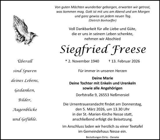 Traueranzeige von Siegfried Freese von Ostfriesischer Kurier GmbH