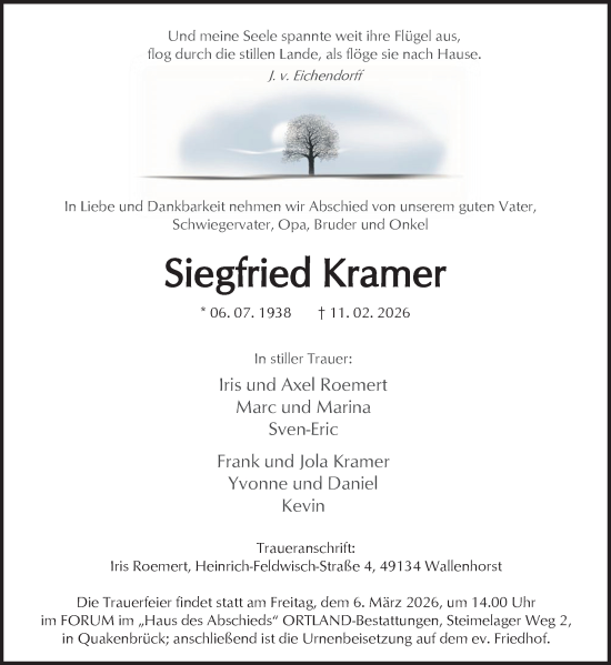 Traueranzeige von Siegfried Kramer von Neue Osnabrücker Zeitung GmbH & Co. KG