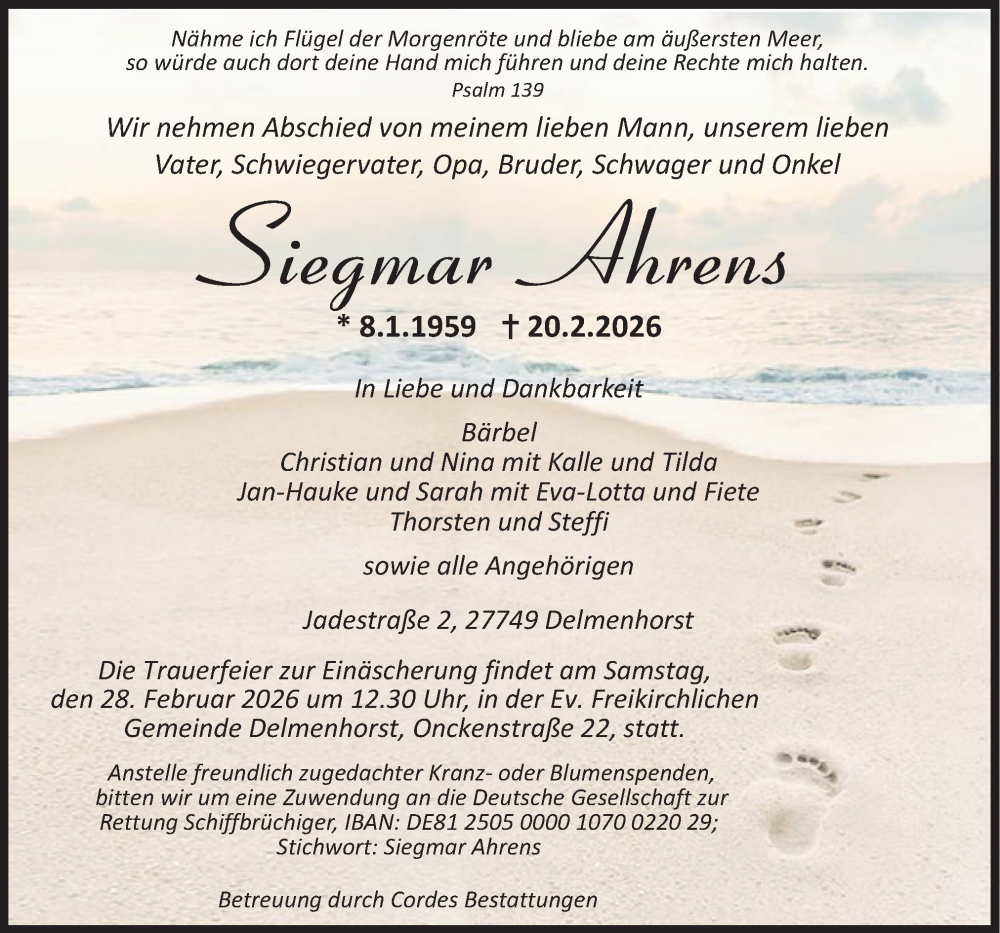  Traueranzeige für Siegmar Ahrens vom 25.02.2026 aus DK Medien GmbH & Co. KG