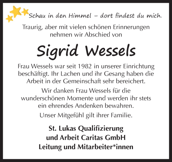 Traueranzeige von Sigrid Wessels von Neue Osnabrücker Zeitung GmbH & Co. KG