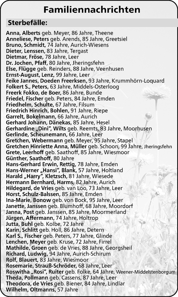  Traueranzeige für Sterbetafel vom 11.02.2026 vom 11.02.2026 aus Ostfriesischer Kurier GmbH