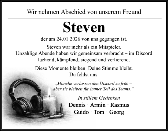 Traueranzeige von Steven  von Ostfriesischer Kurier / Norderneyer Badezeitung