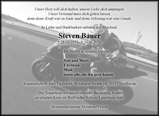 Traueranzeige von Steven Bauer von Ostfriesischer Kurier / Norderneyer Badezeitung