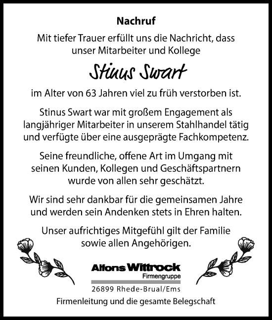 Traueranzeige von Stinus Swart von Neue Osnabrücker Zeitung GmbH & Co. KG