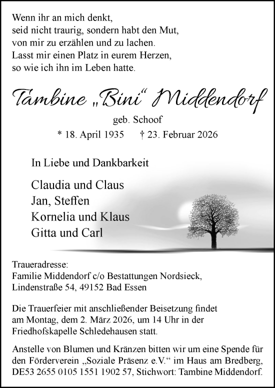 Traueranzeige von Tambine Middendorf von Neue Osnabrücker Zeitung GmbH & Co. KG