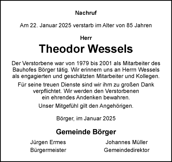 Traueranzeige von Theodor Wessels von Neue Osnabrücker Zeitung GmbH & Co. KG