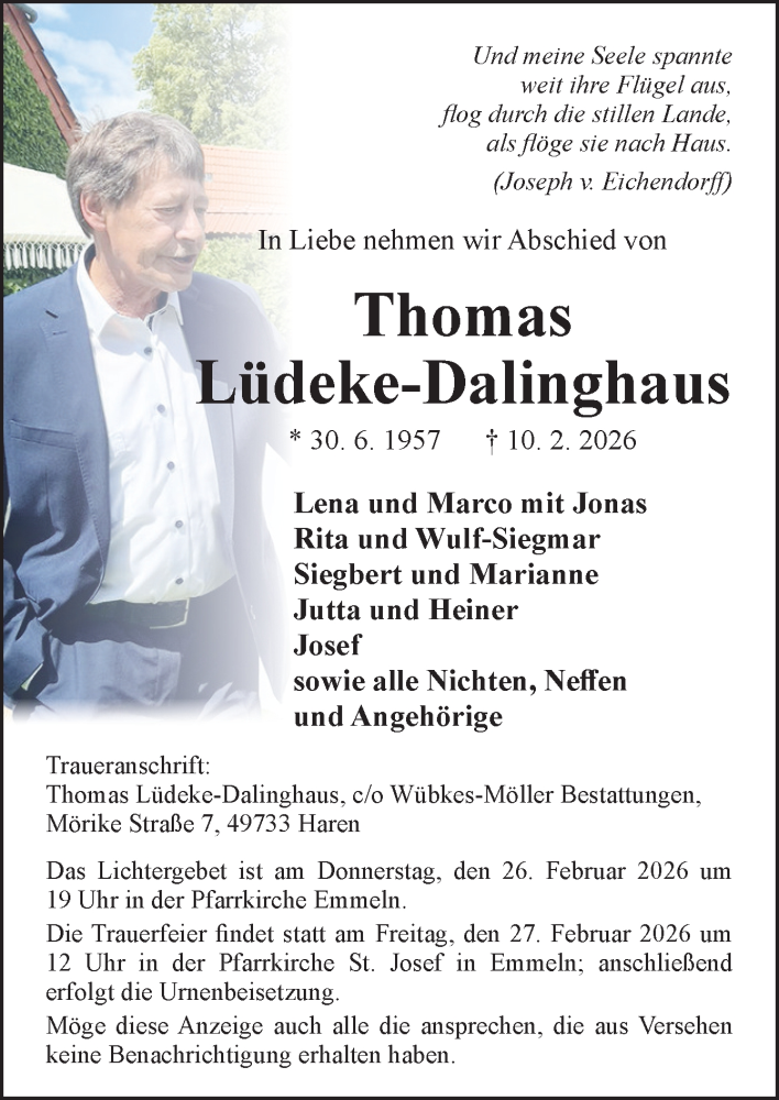  Traueranzeige für Thomas Lüdeke-Dalinghaus vom 21.02.2026 aus Neue Osnabrücker Zeitung GmbH & Co. KG