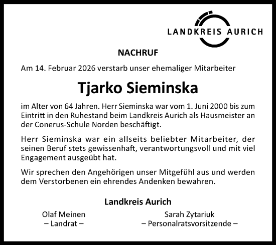 Traueranzeige von Tjarko Sieminska von Ostfriesischer Kurier GmbH