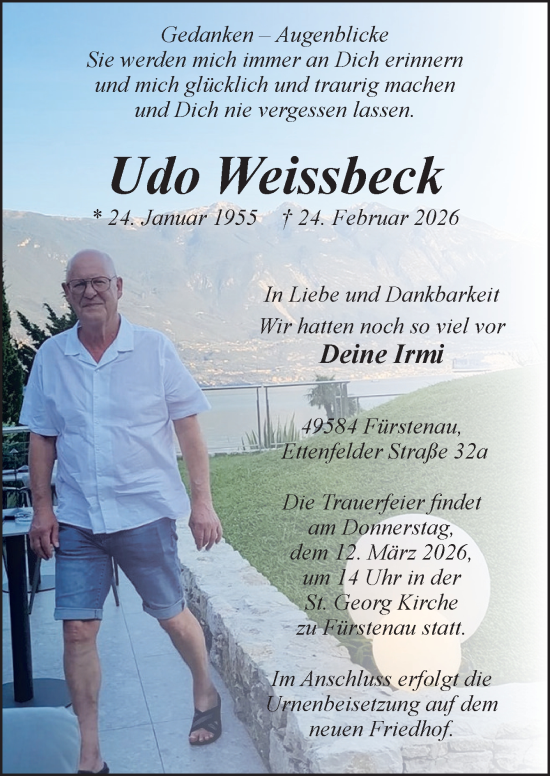 Traueranzeige von Udo Weissbeck von Neue Osnabrücker Zeitung GmbH & Co. KG