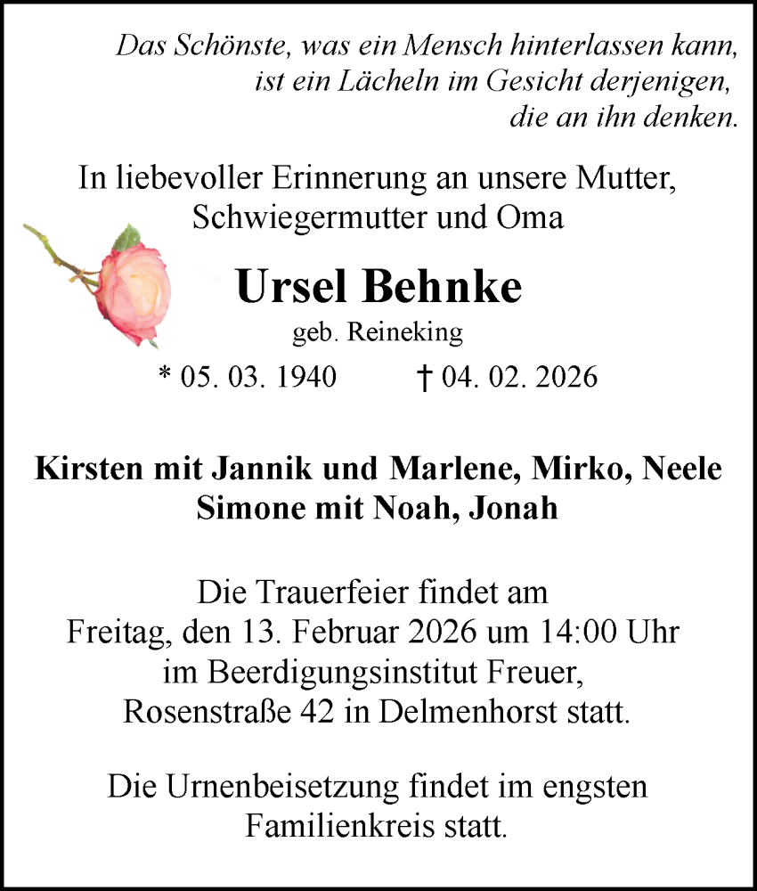  Traueranzeige für Ursel Behnke vom 07.02.2026 aus DK Medien GmbH & Co. KG
