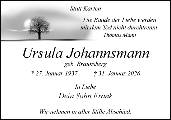 Traueranzeige von Ursula Johannsmann von Neue Osnabrücker Zeitung GmbH & Co. KG