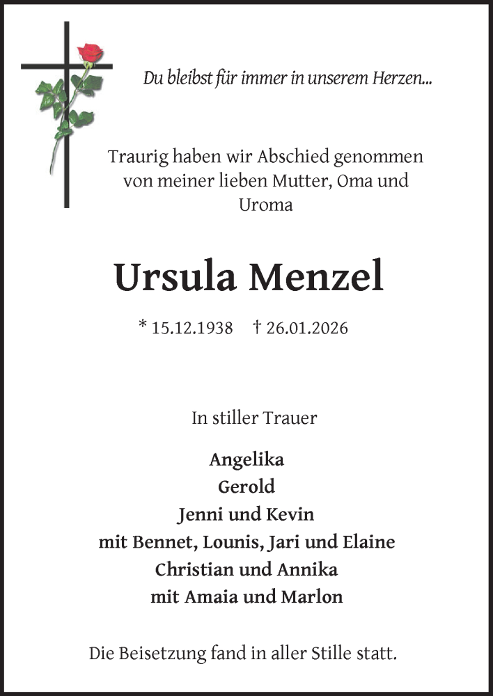 Traueranzeige für Ursula Menzel vom 14.02.2026 aus DK Medien GmbH & Co. KG