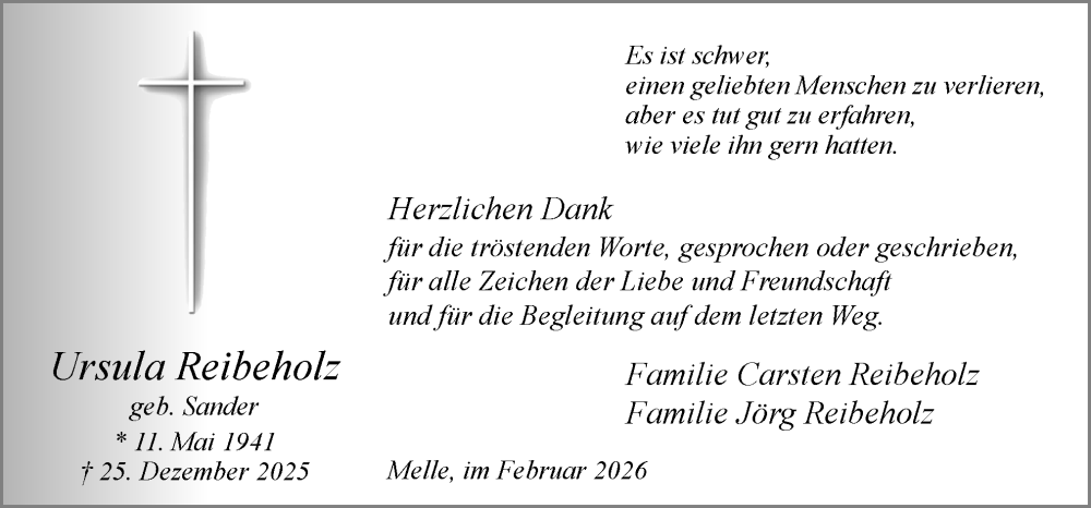  Traueranzeige für Ursula Reibeholz vom 14.02.2026 aus Neue Osnabrücker Zeitung GmbH & Co. KG