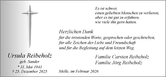 Traueranzeige von Ursula Reibeholz von Neue Osnabrücker Zeitung GmbH & Co. KG