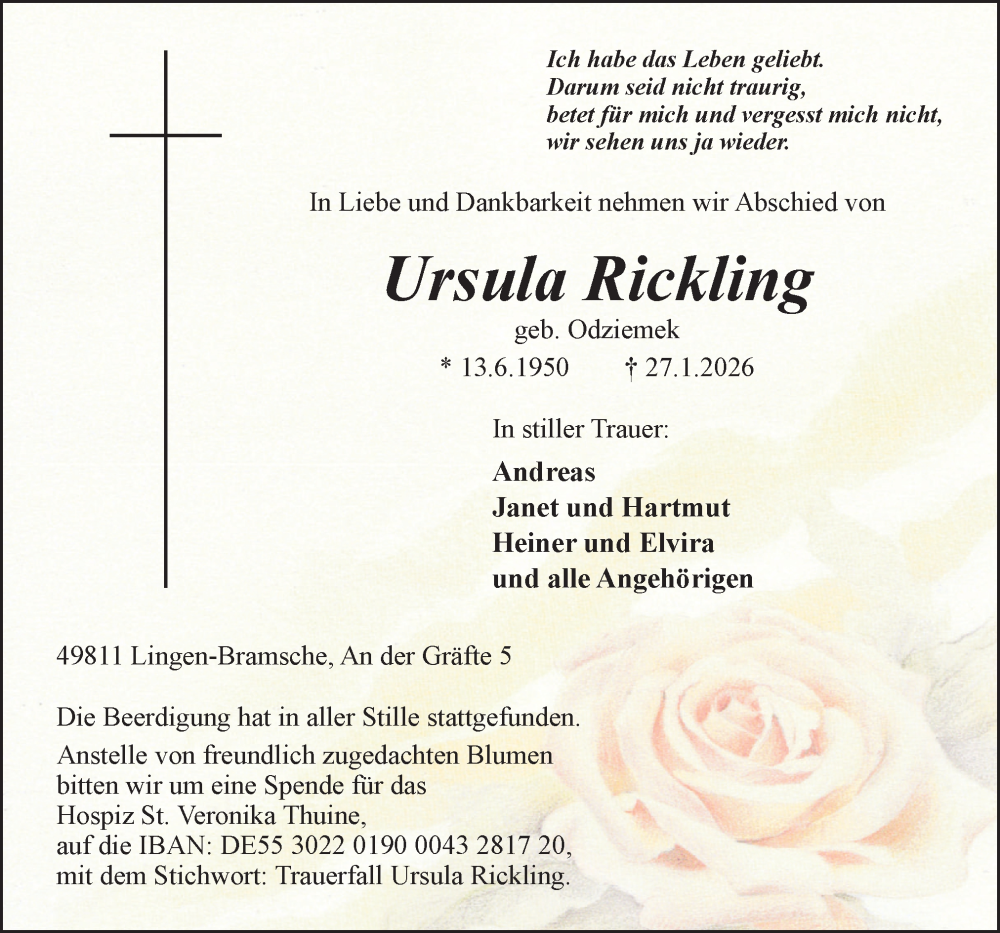  Traueranzeige für Ursula Rickling vom 04.02.2026 aus Neue Osnabrücker Zeitung GmbH & Co. KG