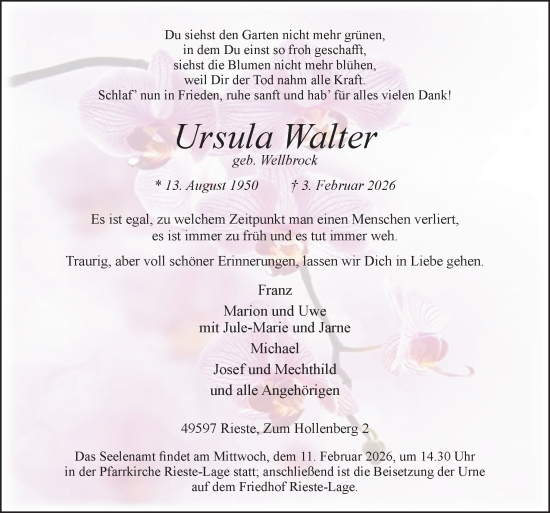 Traueranzeige von Ursula Walter von Neue Osnabrücker Zeitung GmbH & Co. KG