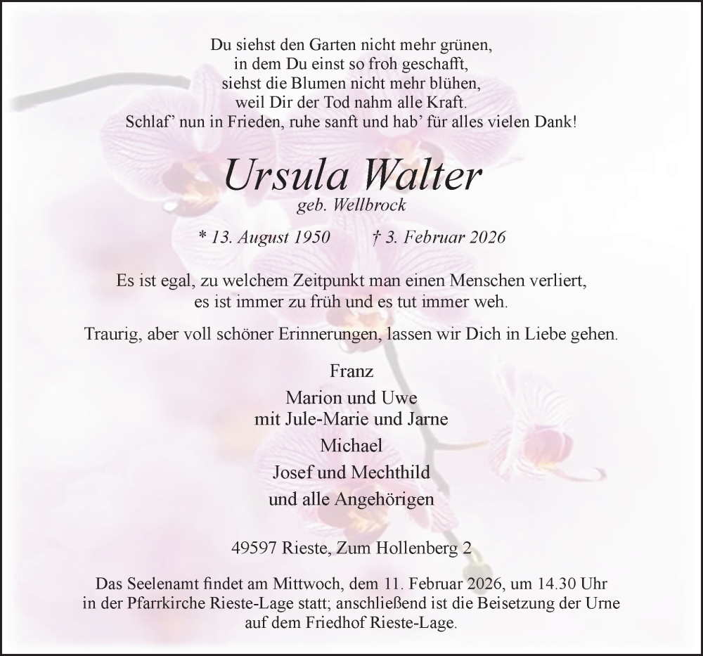  Traueranzeige für Ursula Walter vom 07.02.2026 aus Neue Osnabrücker Zeitung GmbH & Co. KG