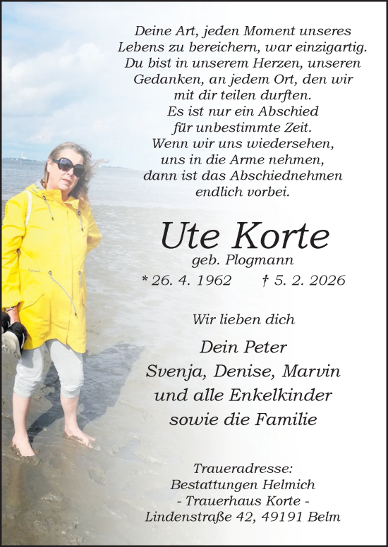 Traueranzeige von Ute Korte von Neue Osnabrücker Zeitung GmbH & Co. KG