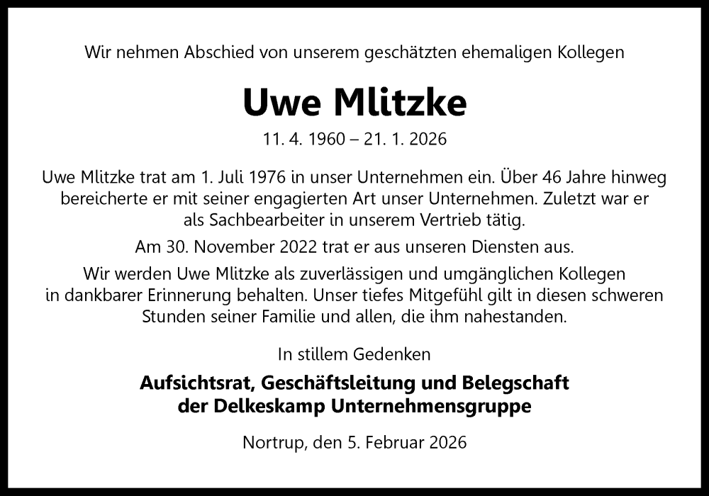  Traueranzeige für Uwe Mlitzke vom 05.02.2026 aus Neue Osnabrücker Zeitung GmbH & Co. KG