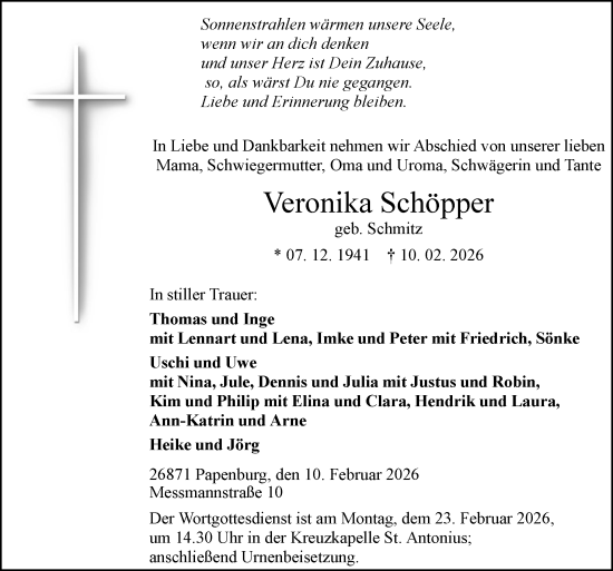 Traueranzeige von Veronika Schöpper von Neue Osnabrücker Zeitung GmbH & Co. KG