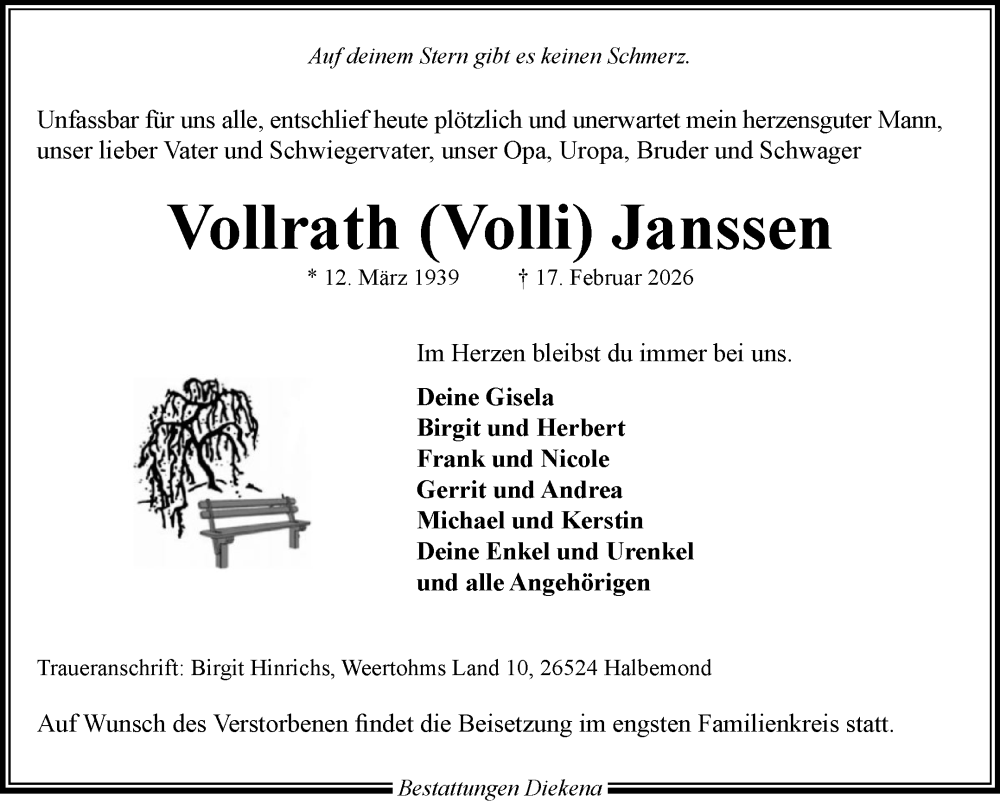  Traueranzeige für Vollrath Janssen vom 21.02.2026 aus Ostfriesischer Kurier GmbH