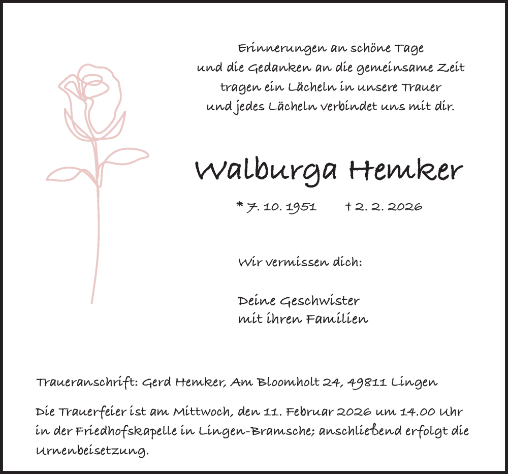  Traueranzeige für Walburga Hemker vom 07.02.2026 aus Neue Osnabrücker Zeitung GmbH & Co. KG
