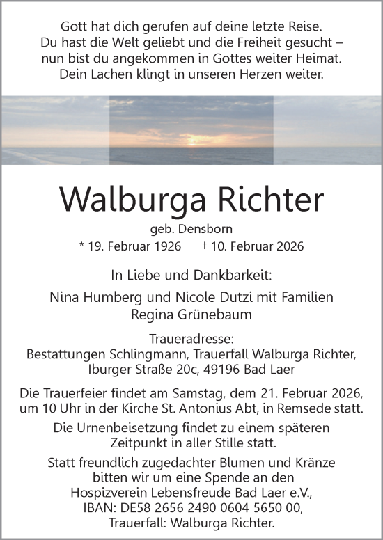 Traueranzeige von Walburga Richter von Neue Osnabrücker Zeitung GmbH & Co. KG